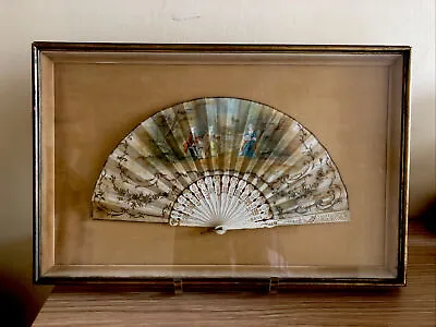 Antique Hand Painted Fan With Ivorine  In Shadow Box Circa 1920 • $155