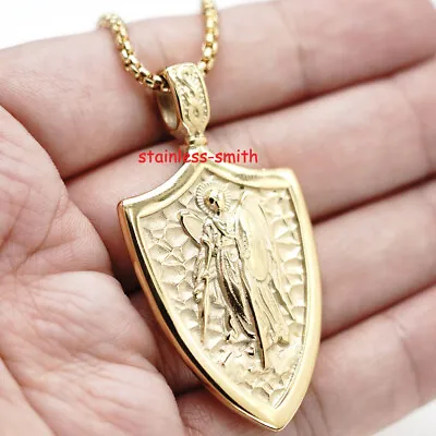 Mens Gold Catholic Christian Saint St Michael Medal Medallion Pendant Necklace • $21.99