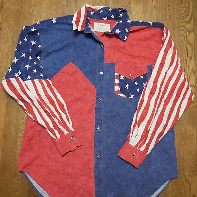 Vintage Longhorn Red White Blue Stars Flag Men’s L Patriotic Button Up Shirt • $39.99