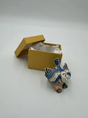 Hand Painted Enamel Bird Hinged Trinket Box Bejeweled Crystals Beautiful Heavy • $32