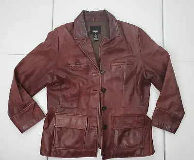 Vintage/Worn Mossimo Women XL Burgundy Genuine Leather Jacket/Blazer Button Up • $39.99