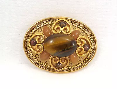 VTG Michal Golan Pin Brooch - Pendant Byzantine Tiger-eye Gold Plated Signed • $19.95