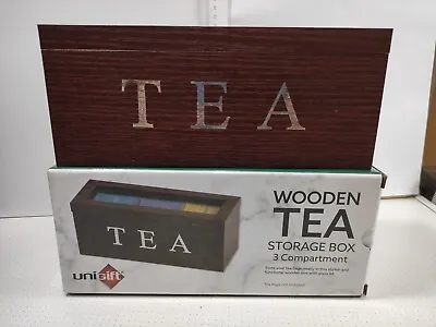 Wooden Tea Box Compartment Tea Bag Chest Box Storage Organizer Glass Lid 3 Compt • $22.75