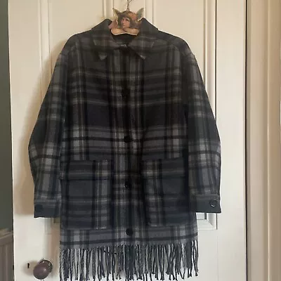 Marks & Spencer Black Grey Plaid Checked Blanket Tassel Jacket Coat Small New • £25