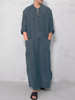 Gray Men Vintage Islamic Arabic Jubba Thobe Long Sleeve Pockets Robes Kaftan XL • $0.99