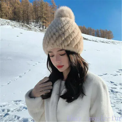 Women Real Mink Fur Hat Knit Elastic Stretch Beanie Bowler Cap W Fox Fur Ball • $20