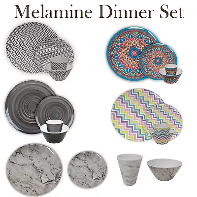 £28.29 • Buy Melamine Plastic Dinner Set Various Design Tableware Plate Cup Bowl 16 Piece Set