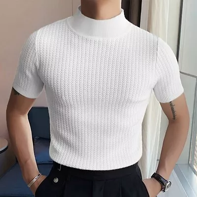 Men Bottom Casual Pullover T Shirt Slim Fit Tee Knit Turtleneck Short Sleeve Top • $21.91