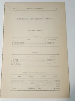 1909 Pennsylvania RR Document JOHNSTOWN PASSANGER RAILWAY Electric Trolley PA  • £6.71