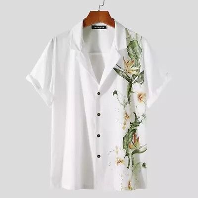 Mens Turn Down Collar Flower Hawaiian Print Short Sleeve Shirt • £14.99