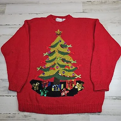 Vintage OS International Christmas Sweater Womens XL Red Holiday Beaded Tree • $26.88