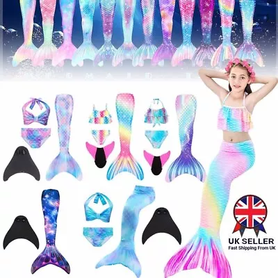 Set Girls Mermaid Tail Swimming Costume Swimmable Bikini Set Summer Swimsuit UK • £10.82