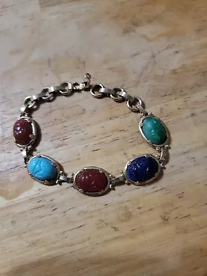 Vtg Authentic Hand Carved Multi-Color Gemstone Scarab Bracelet VGC Semi Precious • $22