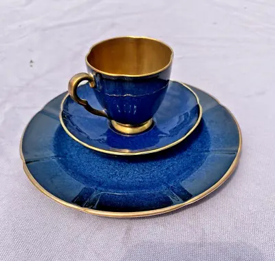 Vintage English China Lobed Tea Cup Trio Glossy Blue Gold Carlton Ware Demitasse • $20