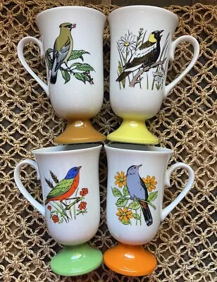 Set Of 4 Vintage Fred Roberts Song Bird Pedestal Coffee Mugs Tea Cups 1960s • $29