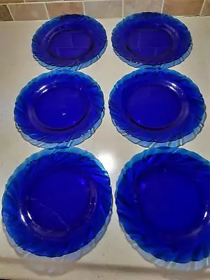 Vintage Set Of 6 VERECO France Blue Swirl Glass Dishes 7-1/2  Diameter • $39