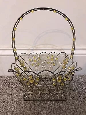 Vintage Wire Spring Flower Floral Easter Basket Yellow Beads • $12