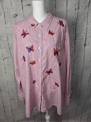 The Quaker Factory Button Up Long Sleeve Pink & White Shirt 2XL Butterflies • $22