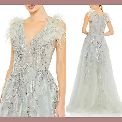 NWT $898 Mac Duggal [ 10 ] Embellished Feather A-Line Gown Sea Mist Q1274 • $465.99