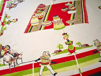 Vintage Tablecloth Mexican Startex Southwest Ox Cart Pottery Sombrero Senorita • $43