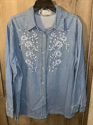 VTG Passion-1 Sz XL Lace Cut-Out Denim Chambray Shirt Floral Embroidery Western • $24.50