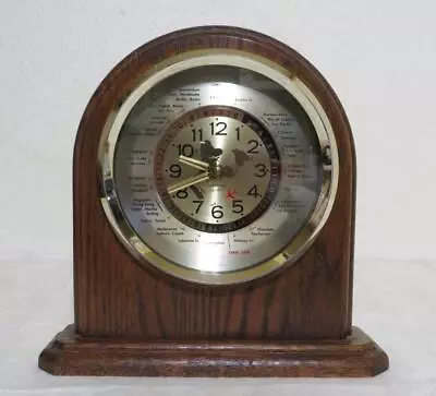 GMT Desk Clock World Time Verichron Quartz Oak Wood Mantle Working! Test Video! • $32.98