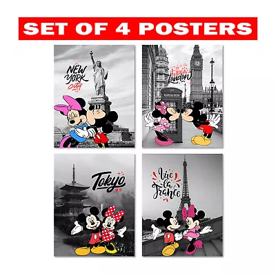 Set Of 4 Mickey & Minnie Mouse City Travel Posters - Whimsical Disney Home Decor • £12.99