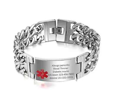 8'' Men Medical Alert ID Bracelet Custom Engraving DIY SOS Stainless Steel Chain • £15.71