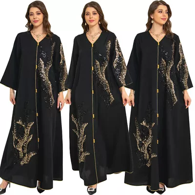 Muslim Women Abaya Sequin Long Sleeve Maxi Dress Dubai Kaftan Moroccan Arab Gown • $48.55