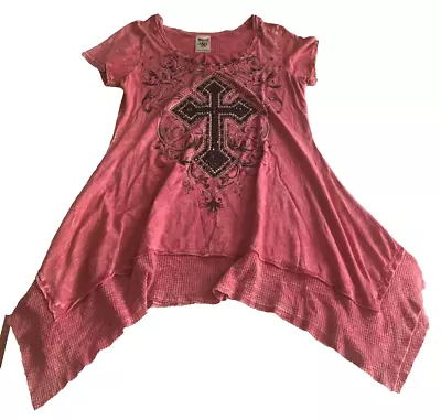 VOCAL Ladies XL Tunic Embellished Beaded Rhinestones Short Sleeve  Cross • $24.25
