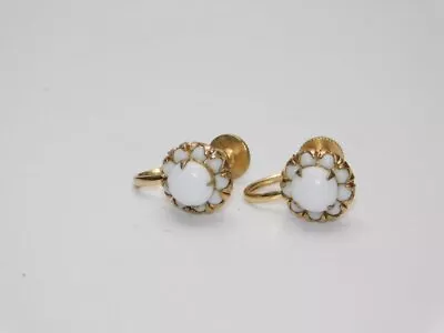 A338-vintage Screwback Earrings~gold Tone/milk Glass~vargas~1/2  Wide • $8.25