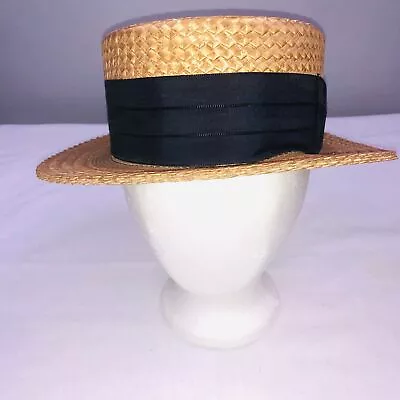 Vintage Delano Boston Premiere Boater Men Hat Brown Hard Straw Black Ribbon • $69.97