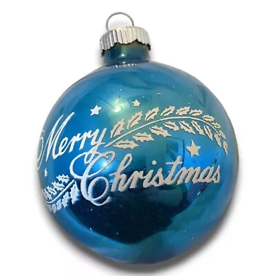 Shiny Brite Xmas Ornament Blue W/ White Stencil “Merry Christmas & Holly Branch • $29.99