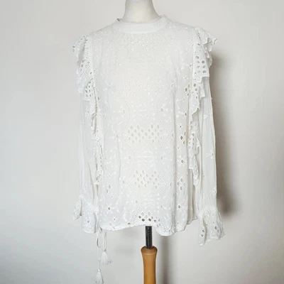 $54.79 • Buy And / Or  White Blouse Broderie Frill Tassels Womens UK 16 John Lewis Brand New