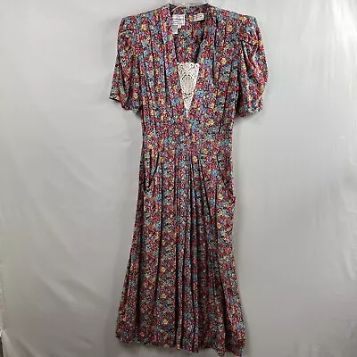 Vintage Karin Stevens 80s 90s Dress Womens 6 Floral Midi Crochet Tea Party • $24.50