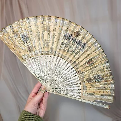 Antique Victorian 1800s Handpainted French Paper Folding Hand Fan Asis Edwardian • $88