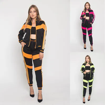 Women's Reflective Neon Stripe Outfits Sweatshirt And Pants Tracksuit  Set VL213 • $32.95