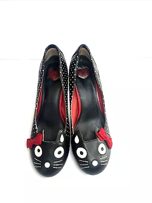 T.U.K. Black White Polka Dot Kitty Cat Heels Shoes Women Size 9 • $22.50