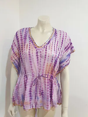 Just Jeans Silk Cotton Blend Tie Dye Purple Kimono Sleeve Sequin Detail Blouse 8 • $6