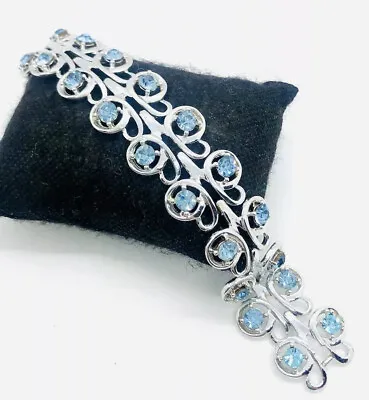 Wide Baby Blue Rhinestone Bracelet Scrolling Rhodium Plated Vintage Jewelry • $34.50