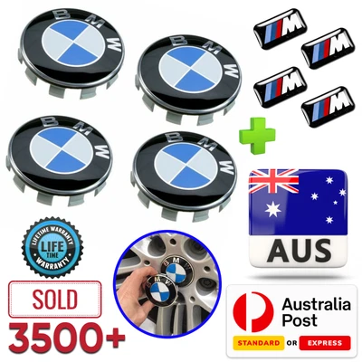 $17.99 • Buy 4x BMW 68mm Alloy Wheel Tyre Centre Hub Caps + 4x M Sport Decal Emblems Stickers