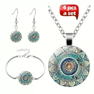 4PCS Set Mandala Flower Glass Pendant Necklace Bracelet Earrings Fashion Jewelry • $14.98