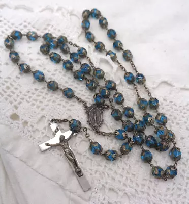 Vintage Aqua Blue Double Capped Crystal Rosary Beads • $25