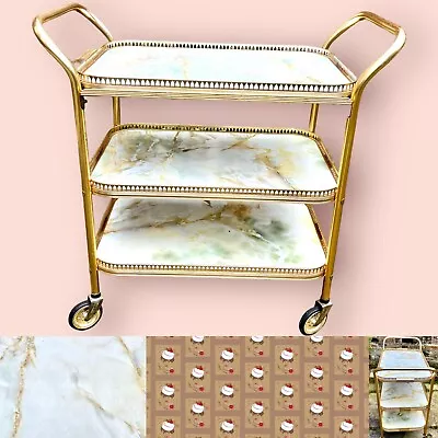 Vintage Retro Mid Century Cocktail Drinks Tea Hostess Trolley 3 Tier Gold Marble • £74.80