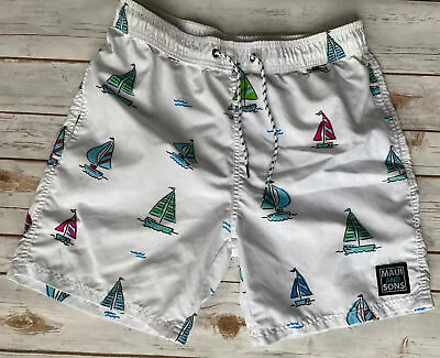 Maui And Sons Lined Swimming Trunks Shorts White Sailboats Mens Medium Euc • $16.98