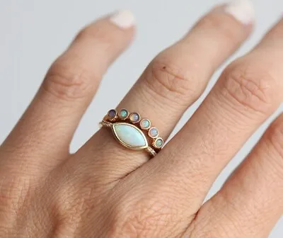 £808.40 • Buy ROSE GOLD OPAL RING SET, Opal & Diamond Ring With Matching Curved Band, 14k Gold