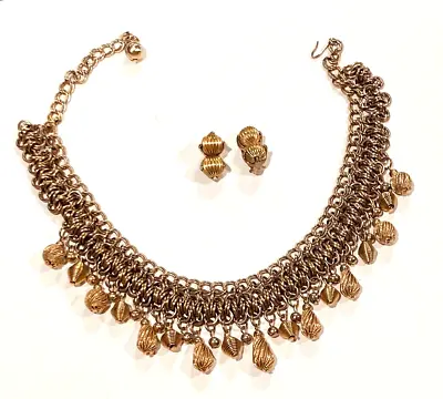 Vintage 1950s Gold Tone Bib Necklace Fringe Earrings • $39.99