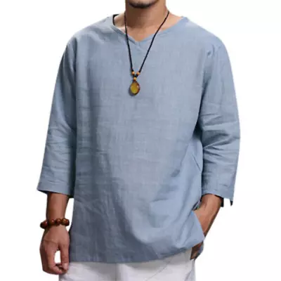 Mens Cotton Linen Long Sleeve Shirts Summer Casual V-Neck Pullover T-Shirt Tops • $25.82