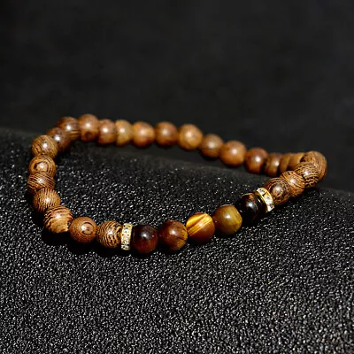 6Mm Tiger Eye Stone Wood Beaded Bracelets Charm Prayer Meditation Bracelet Gift • $1.42