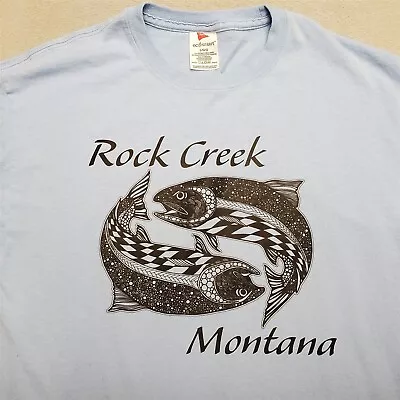 Montana Nature Shirt Mens Large Blue Tribal Native Rock Creek Trout Fly Fishing • $14.99